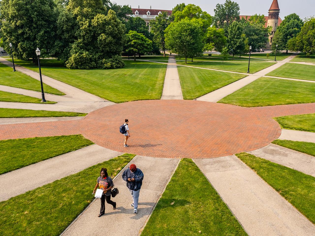 Students walking across the Oval