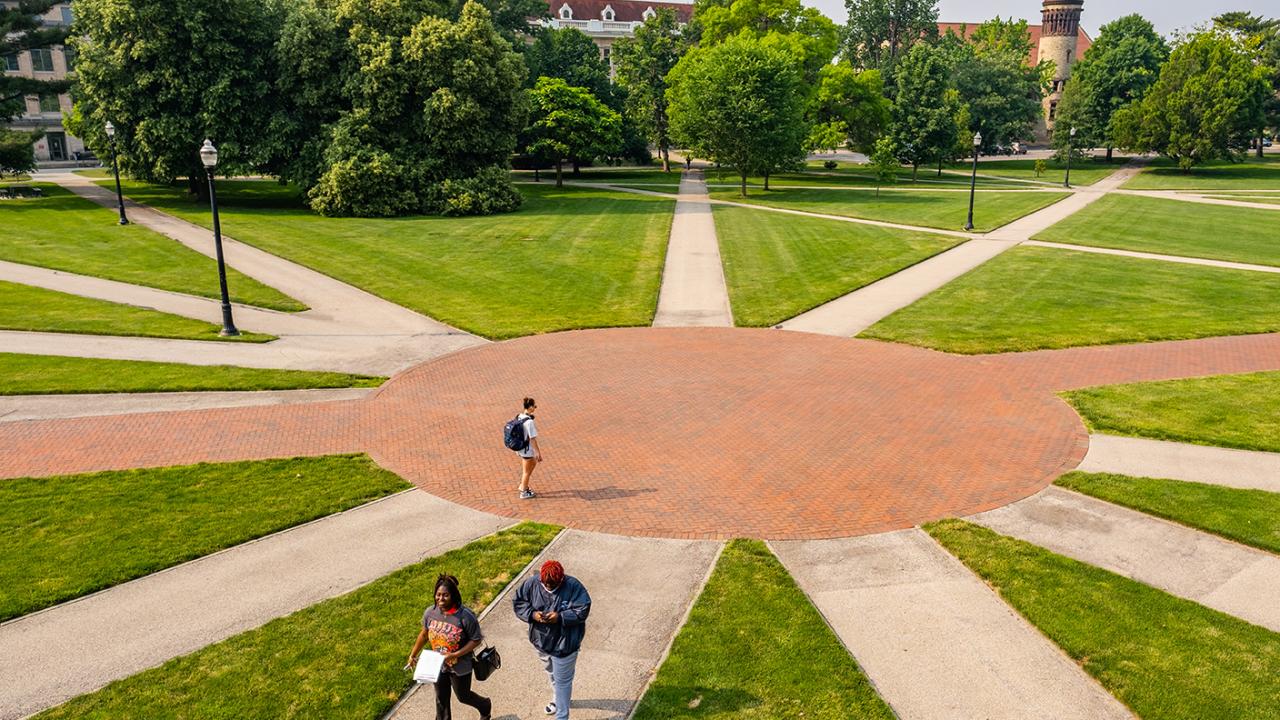 Students walking across the Oval